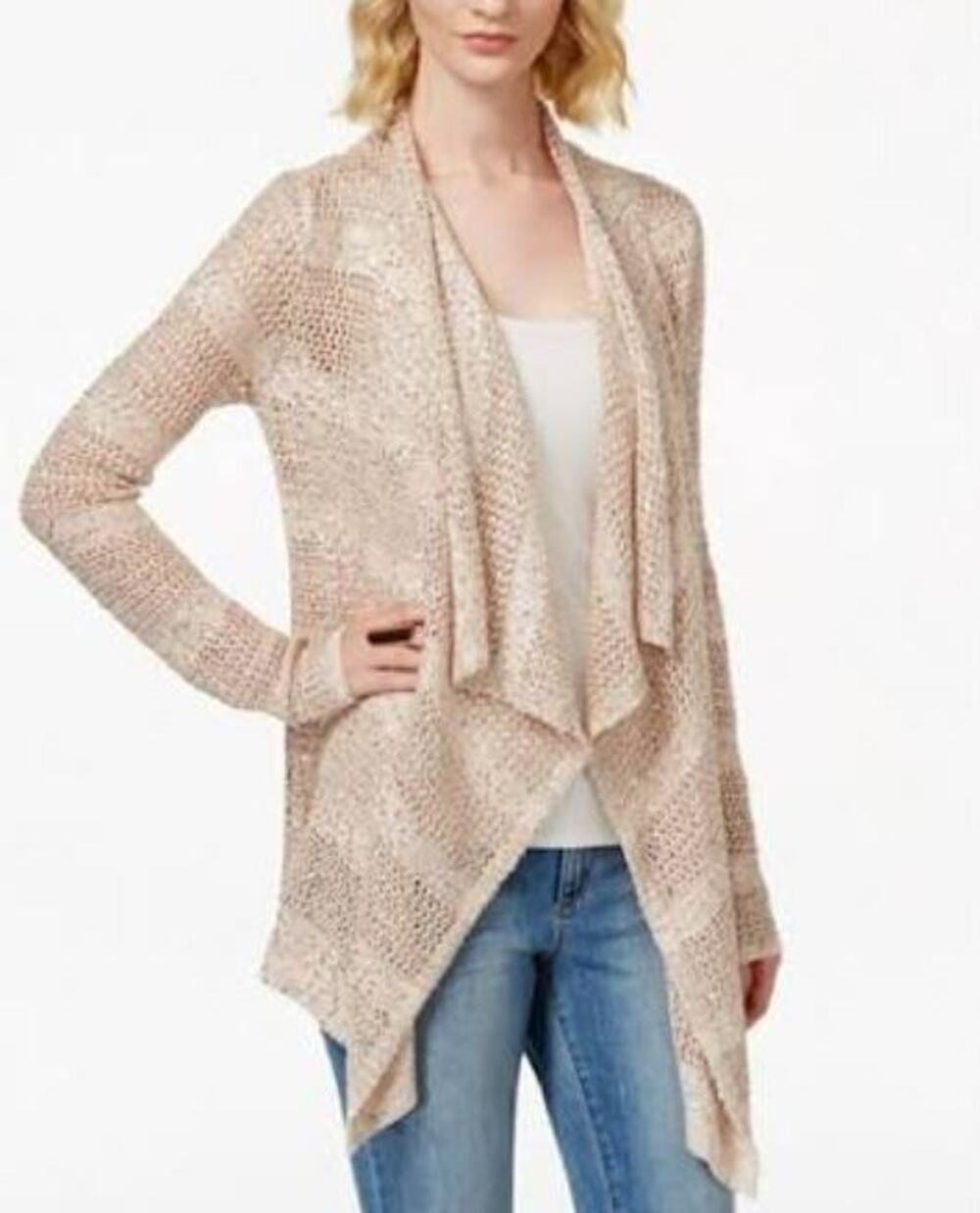 INC Sequin Waterfall Cardigan Blush Open Knit Sweater NWT XL